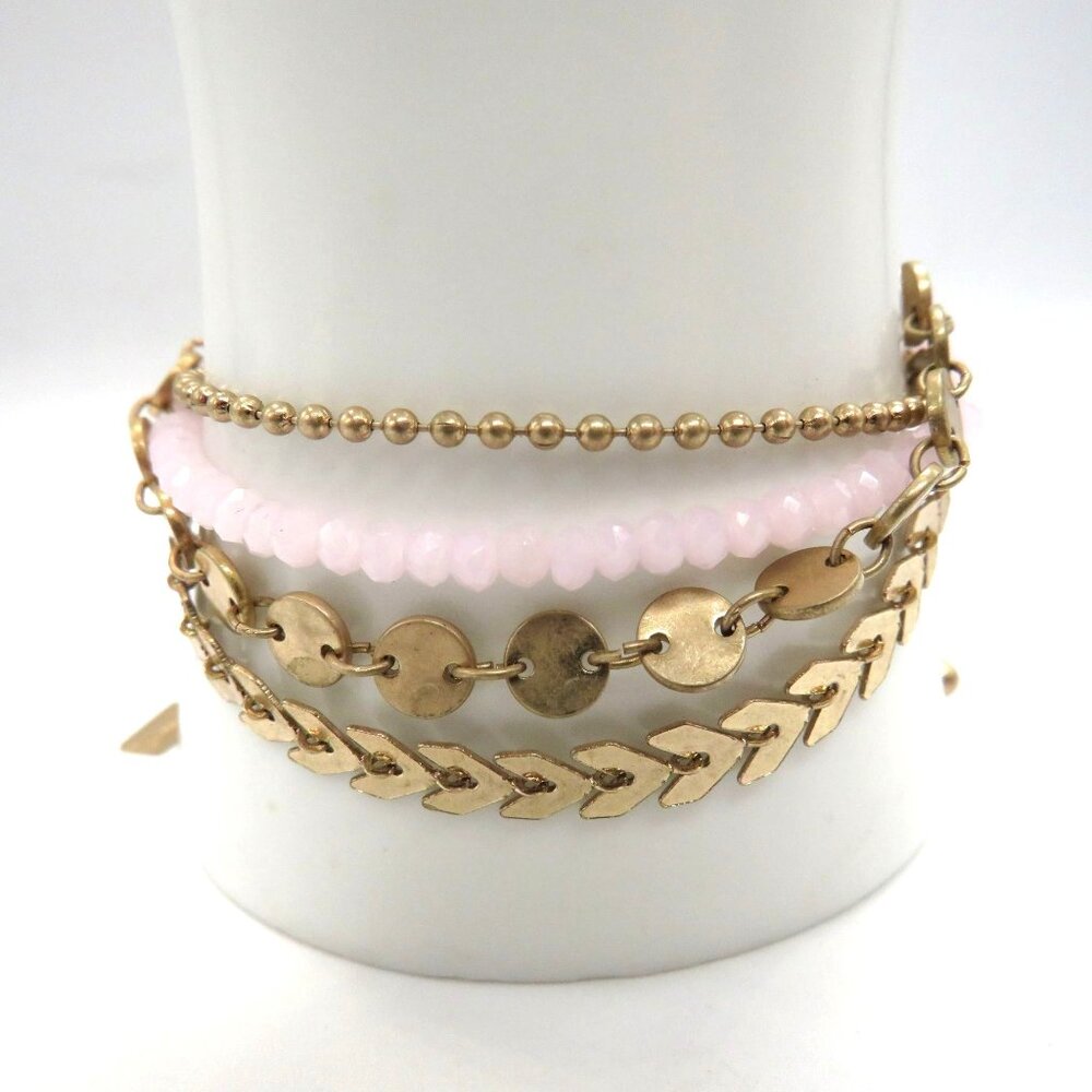 Canvas Bracelet Multi Layer Gold Tone Chains Pink Beads Adjustable‎ Slide New